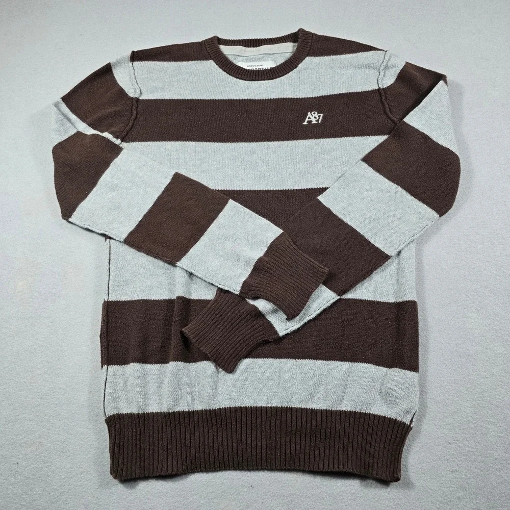 Aeropostale Mens Small Brown Striped Sweater A87 Logo Crewneck Cotton Pullover